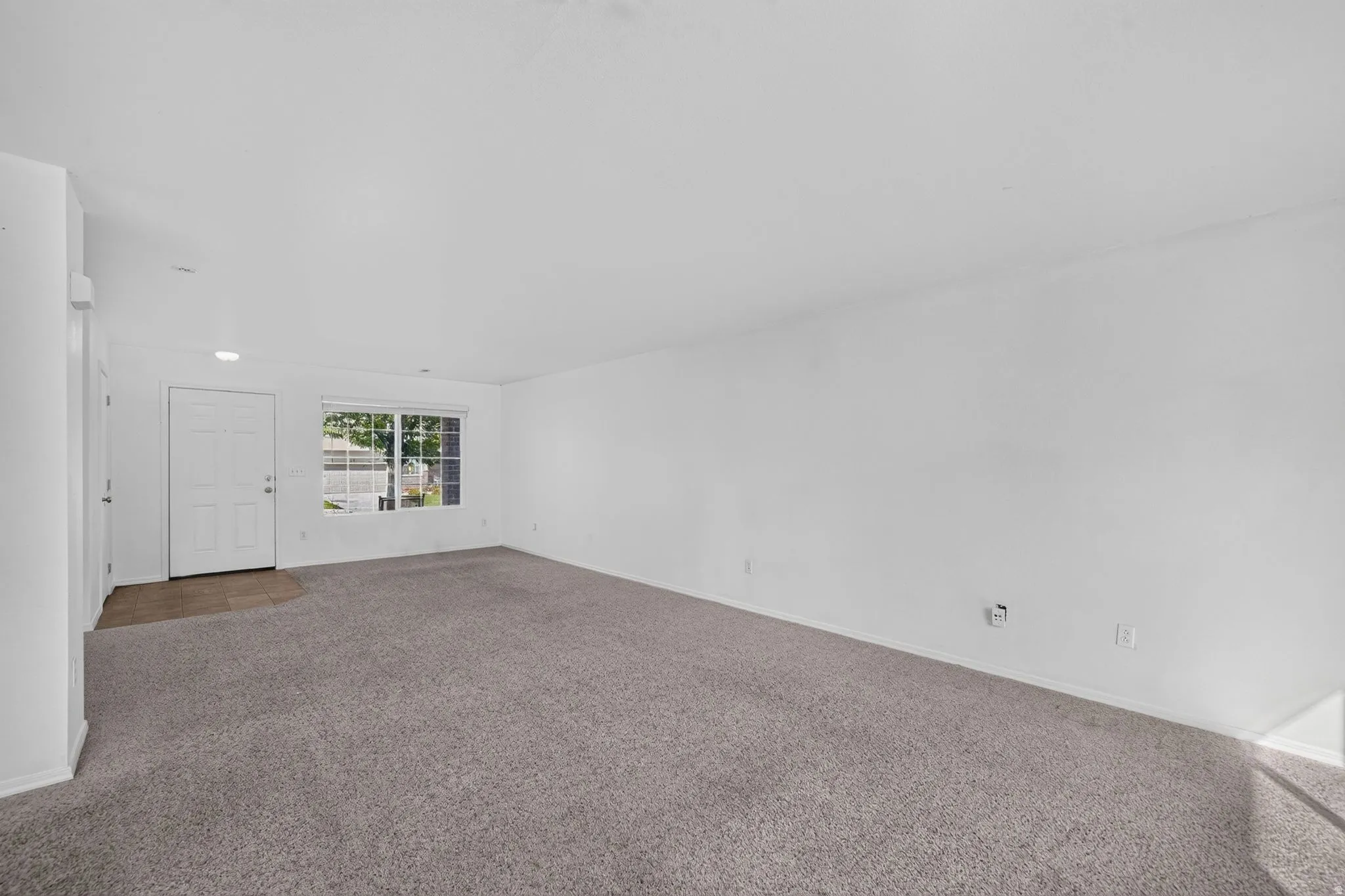 Entry area featuring a white paneled door, an overhead light, and neutral-toned carpeting
