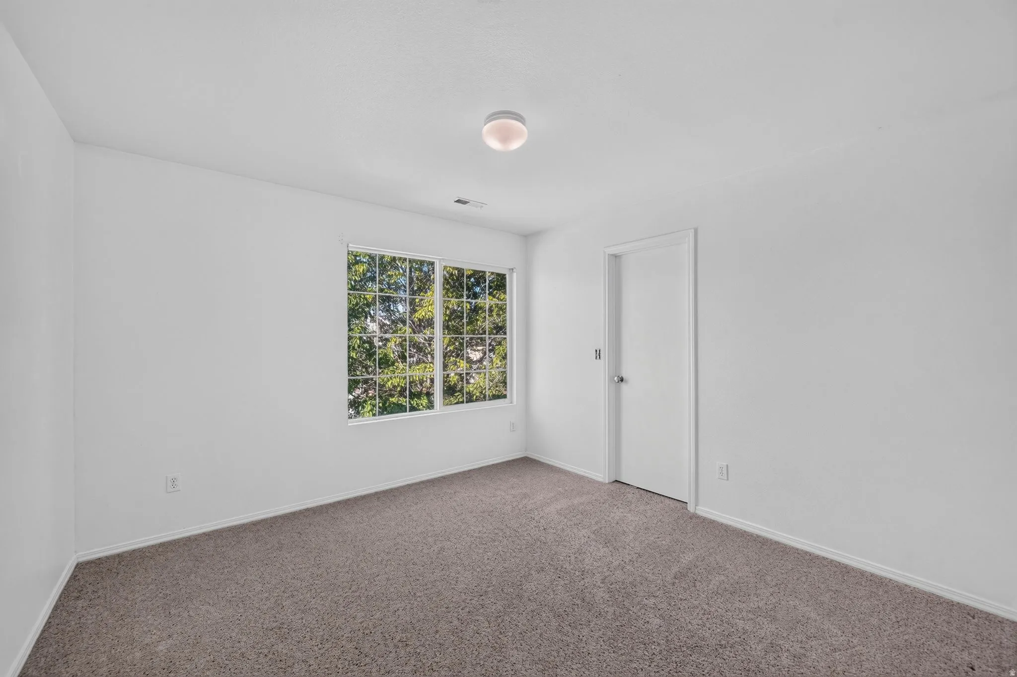 Room featuring white walls, gray carpet flooring, and a multi-pane window