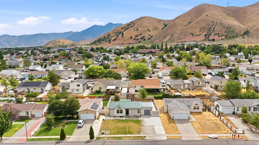 Residential street with diverse single-story homes, mature landscaping, and mountain scenery