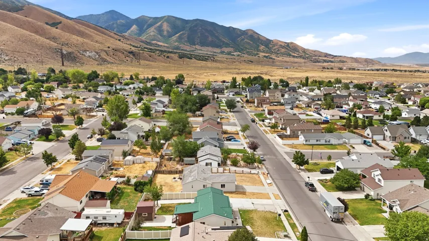 Residential neighborhood with individual houses, mature trees, and mountainous terrain in the background
