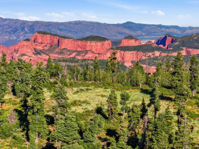 Expansive mountain landscape featuring red rock formations, evergreen trees, and a clear blue sky