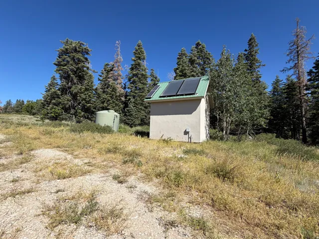Outbuilding with a green metal roof and solar panels