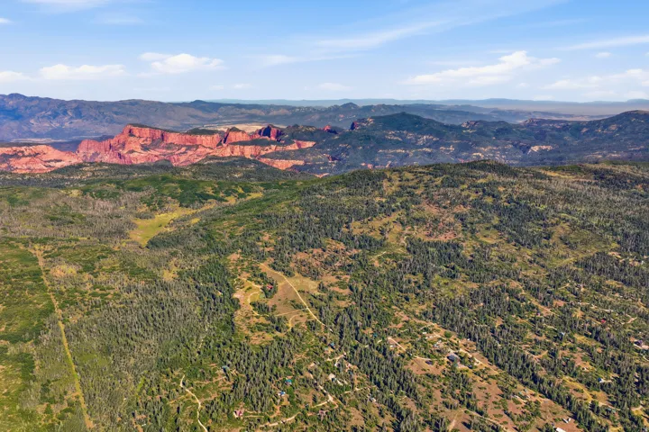 Expansive acreage featuring dense evergreen forests, varied topography, and distant red rock formations