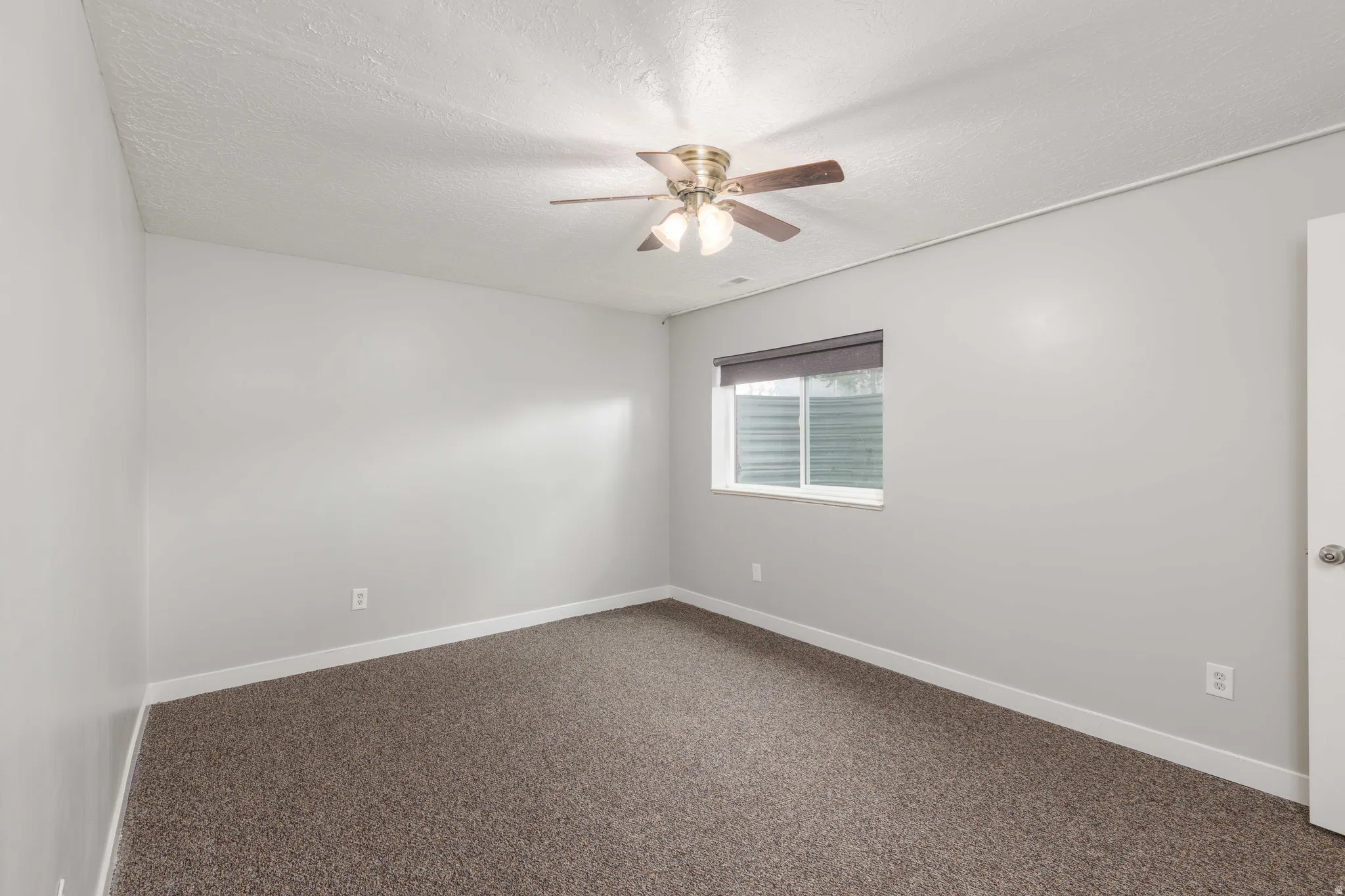 Carpeted room featuring light gray walls, white trim, and a window with a dark roller shade