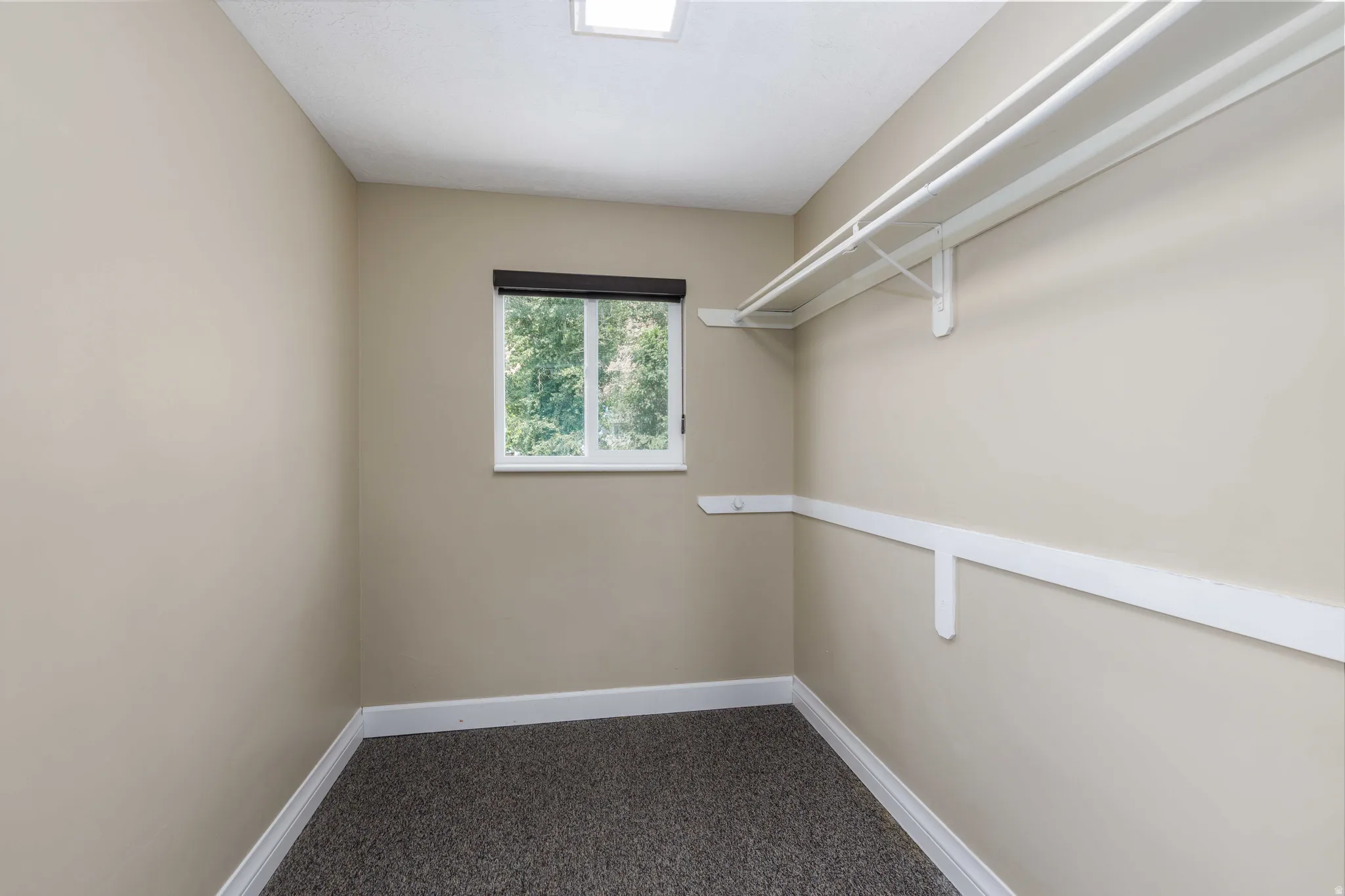 Walk-in closet featuring built-in shelving, hanging rods, and a window for natural light