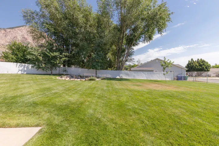 Expansive green lawn with a white privacy fence