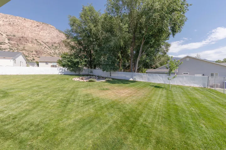 Expansive lawn area featuring a white privacy fence, mature trees, a small rock garden, and a distant mountain backdrop