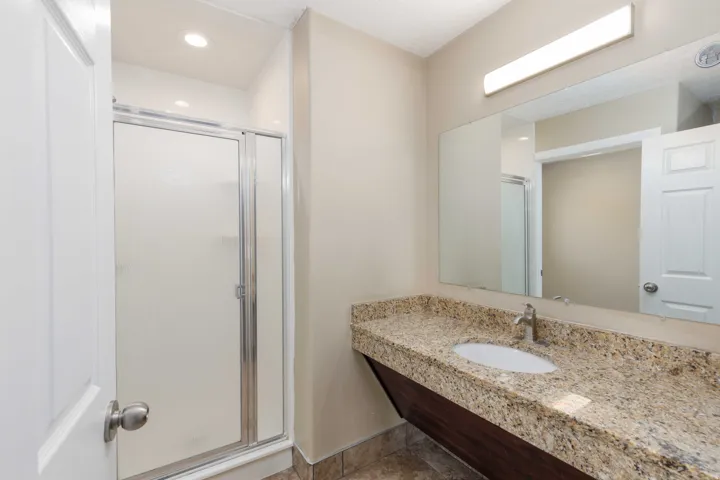 Bathroom featuring a walk-in shower with frosted glass enclosure, a single vanity with stone-finish countertop, an undermount sink, and a large wall-mounted mirror