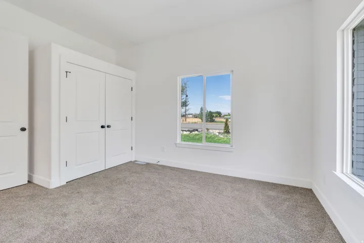 Light-filled room featuring plush gray carpeting, white walls, and bright white trim