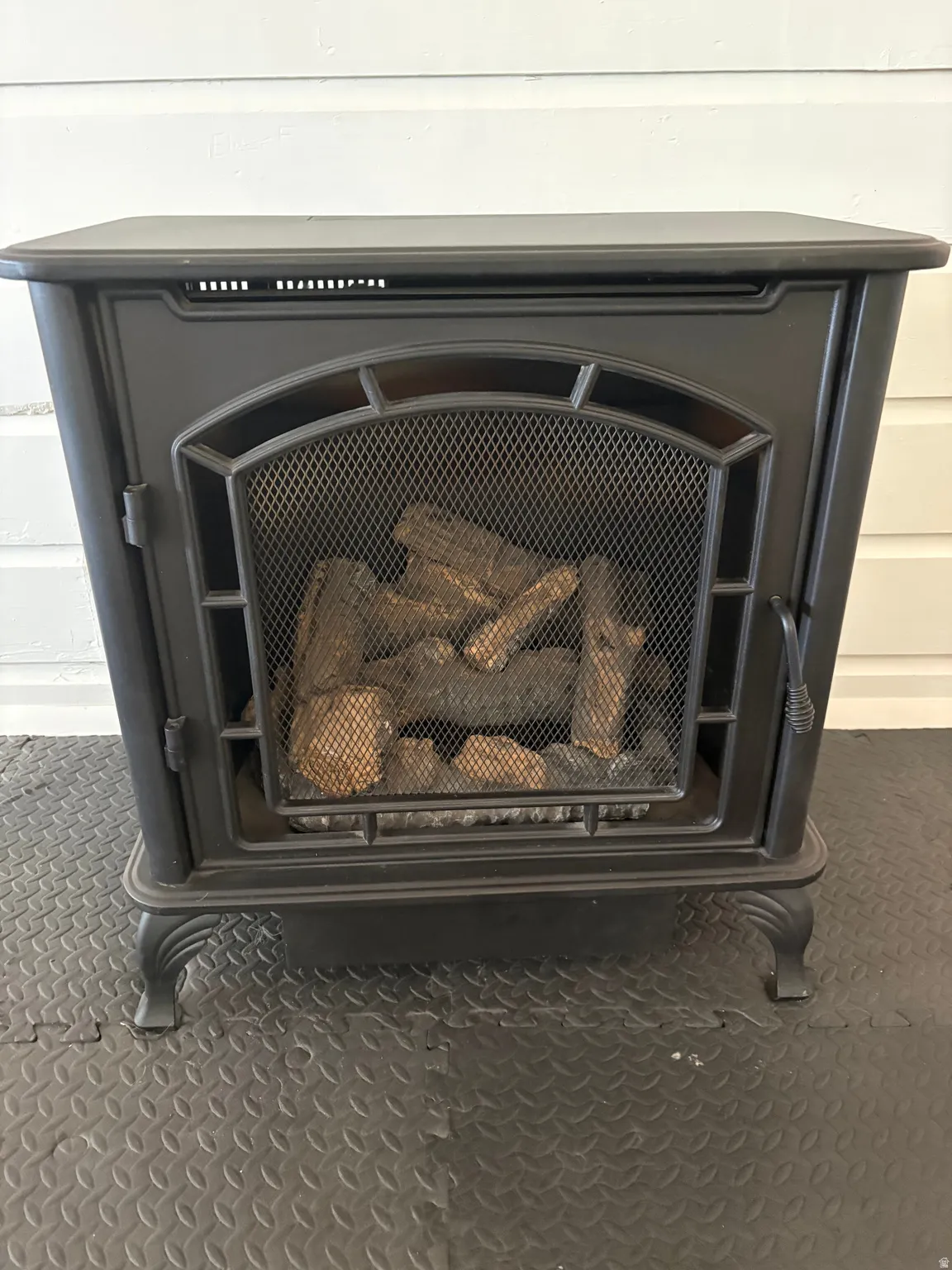 Freestanding cast-iron stove with arched mesh viewing window, decorative leg details, and integrated log storage—an elegant focal point offering both ambiance and supplemental heating capability