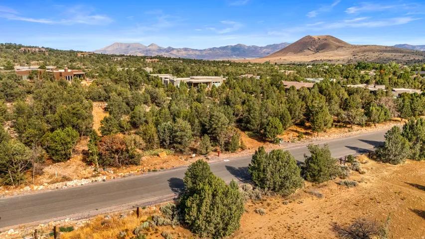 Paved roadway traversing a landscape with mature trees and distant mountain ranges