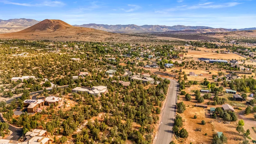 Expansive neighborhood featuring varied architectural styles and mature trees, set against a distant mountain range and a clear sky
