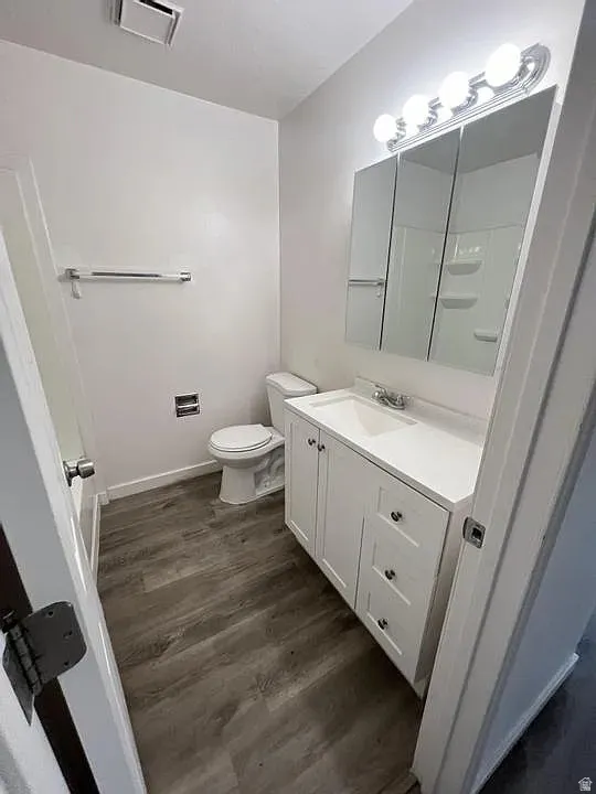 Bathroom featuring wood-finish flooring, a white vanity with integrated sink, a multi-door mirrored medicine cabinet, and a five-bulb vanity light fixture