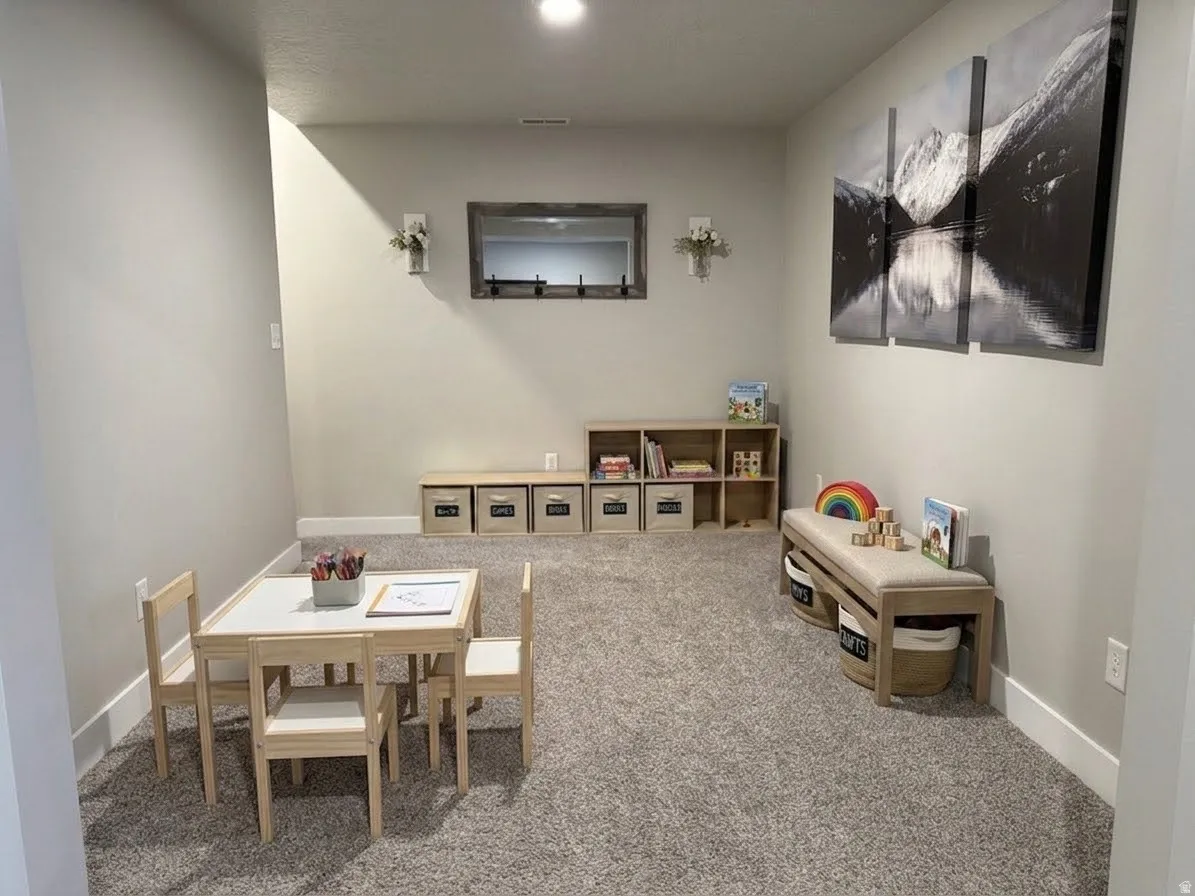 Neutral wall paint, recessed lighting, window with a wood-finish frame, built-in shelving, and carpeted flooring.  AI enhanced design concept.