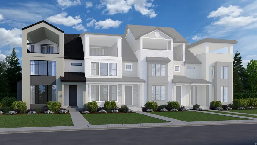 Contemporary townhome facade featuring a prominent balcony, multi-level design, dark-framed windows, contrasting exterior finishes, and a dark asphalt shingle roof
