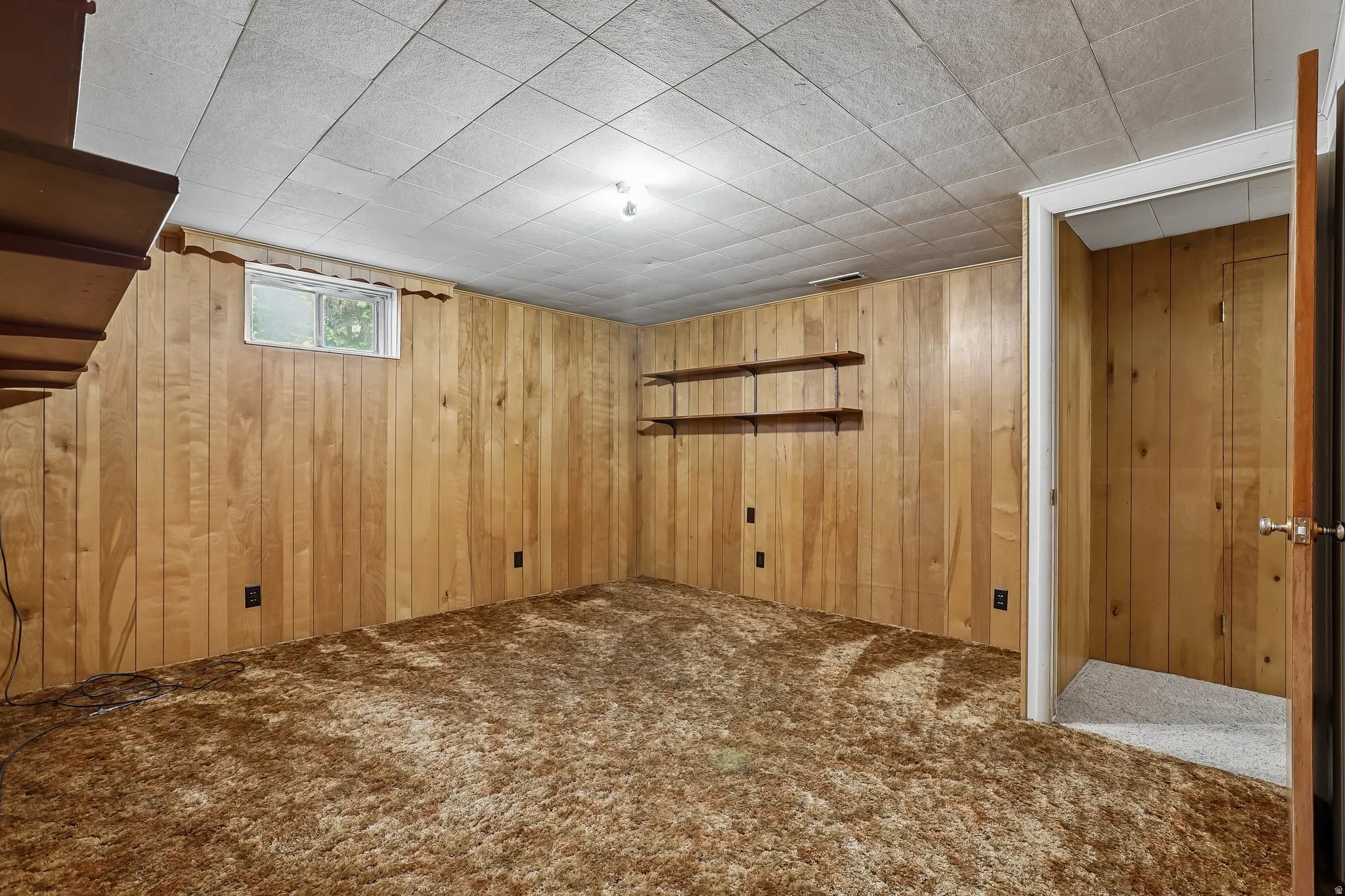 Wood-paneled room featuring patterned carpeting, a drop ceiling, and a single window