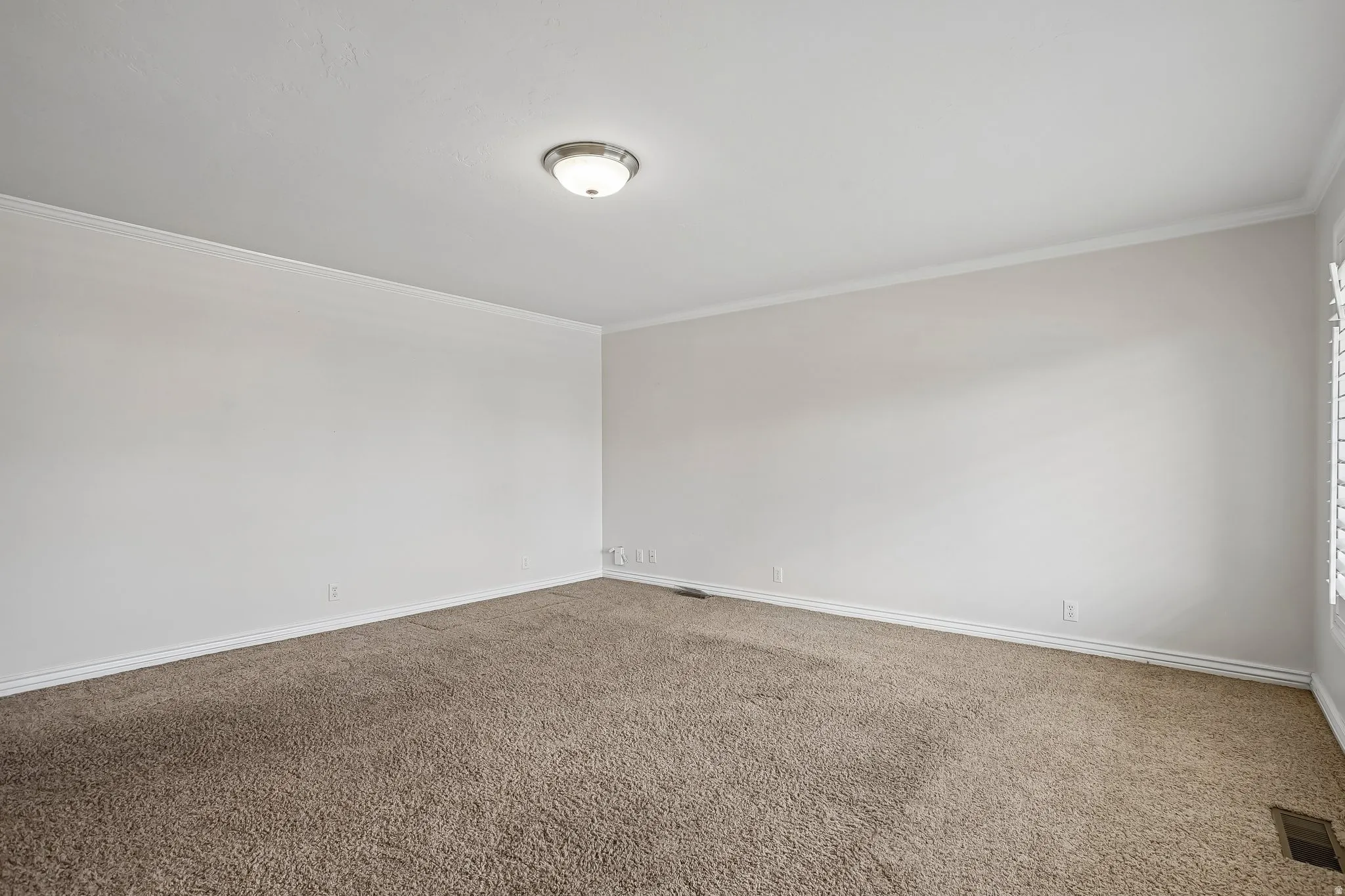 Spacious room featuring neutral carpeting, white walls, crown molding, and a flush-mount ceiling light fixture