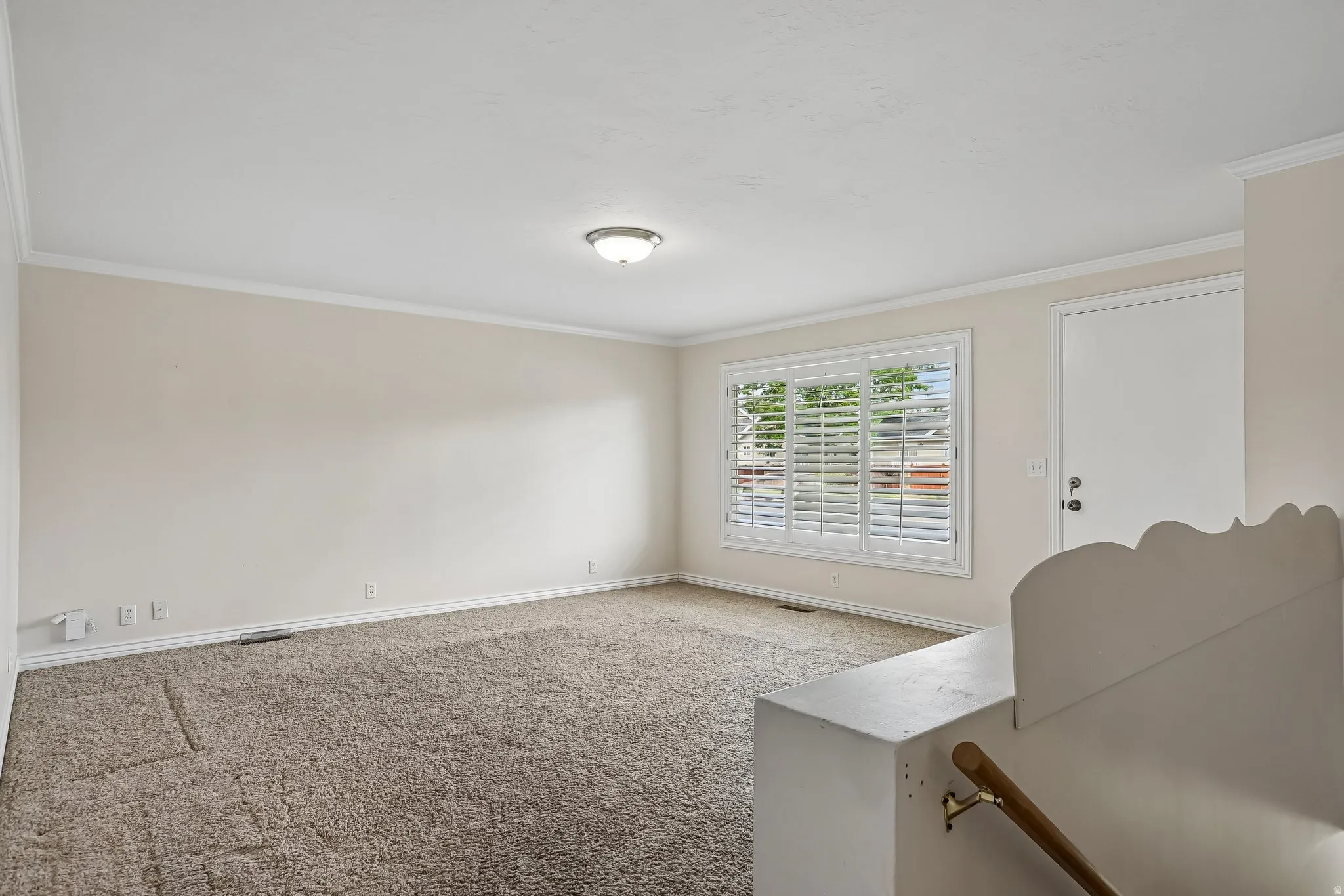 Spacious room with plush carpeting, crown molding, and baseboard trim
