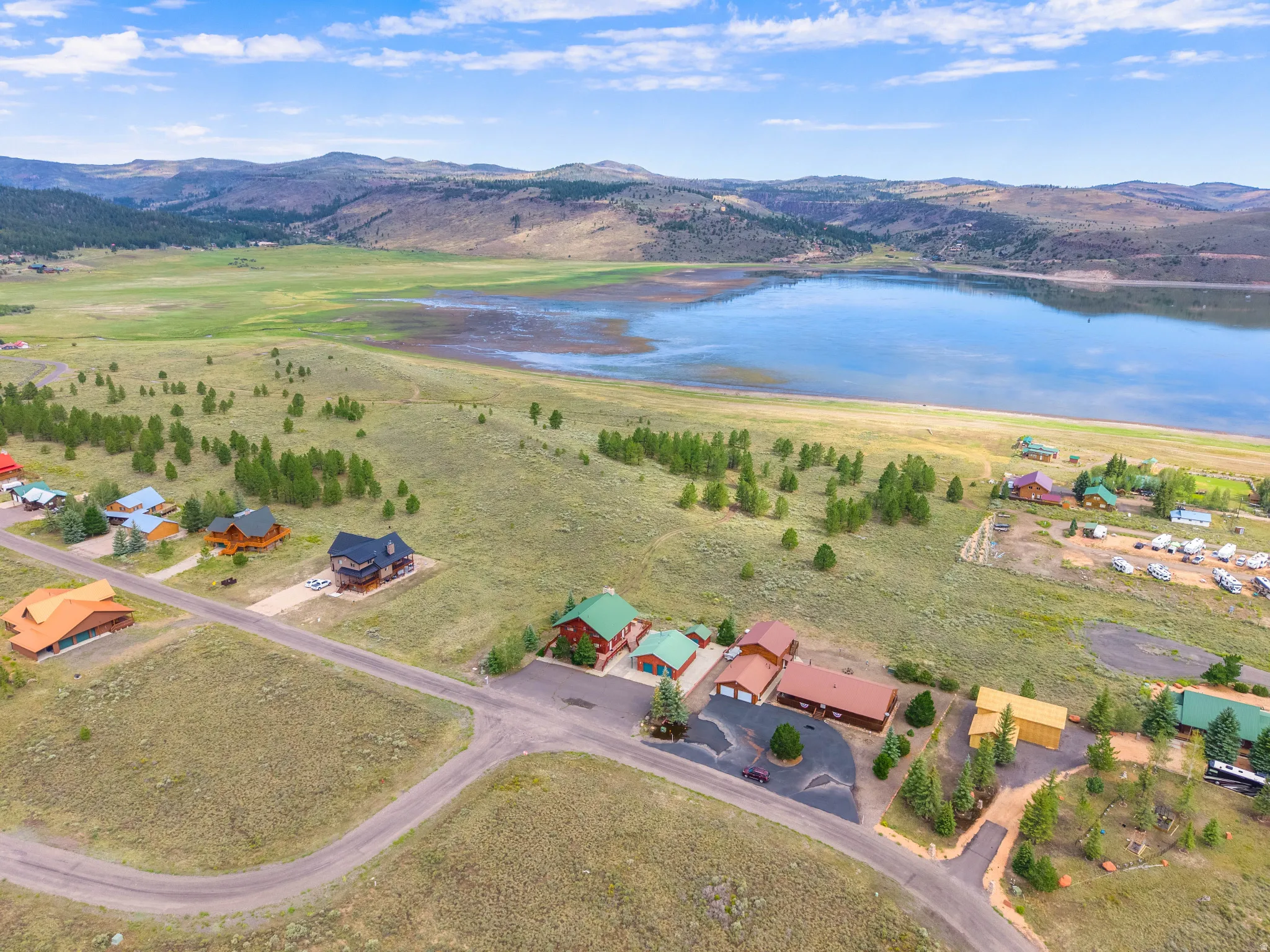 Expansive water feature with surrounding hills and diverse residential properties