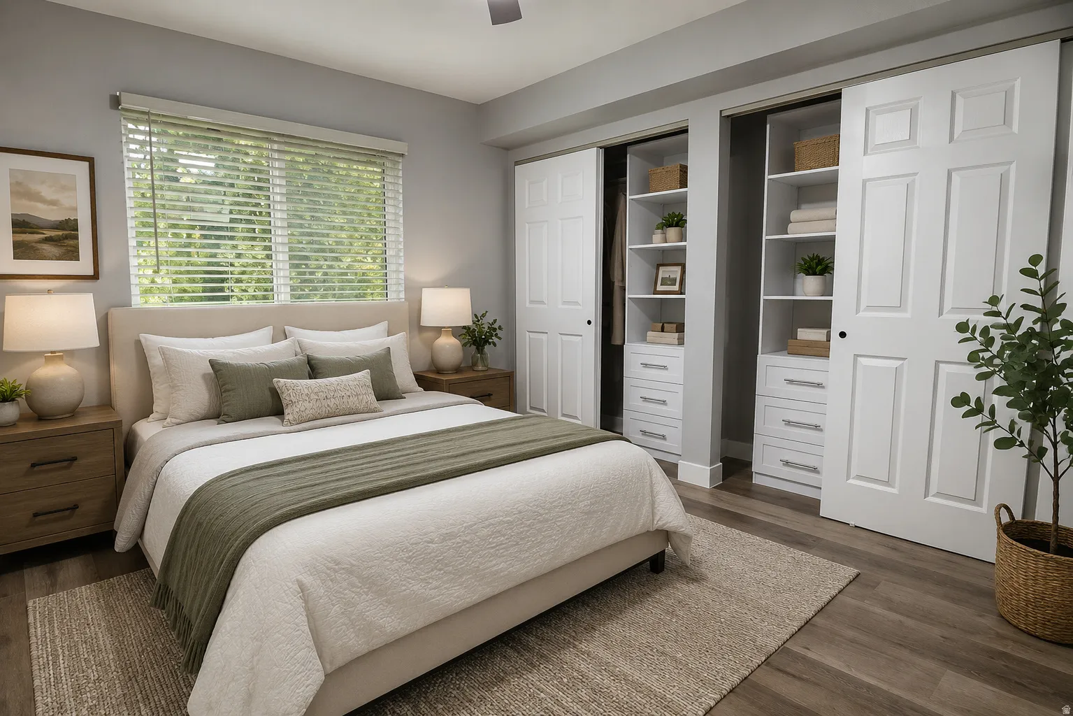 Sleeping quarters featuring wood-finish flooring, a ceiling fan, and a window with horizontal blinds