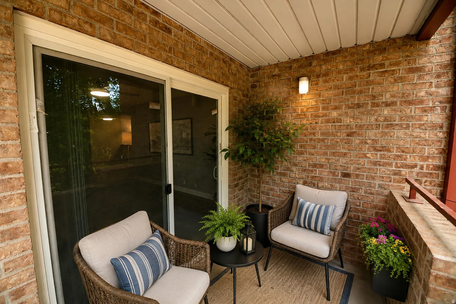 Private patio featuring a brick accent wall, white vinyl sliding glass door, and overhead lighting