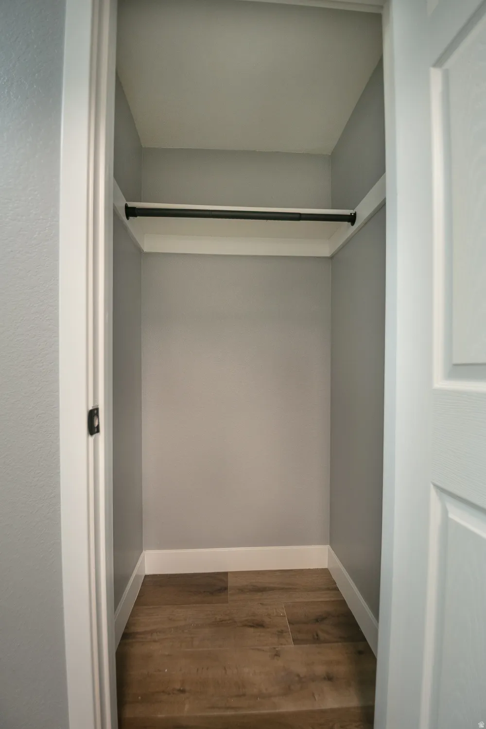 Interior closet featuring a built-in shelf, garment rod, wood-finish flooring, and light gray wall paint with white trim