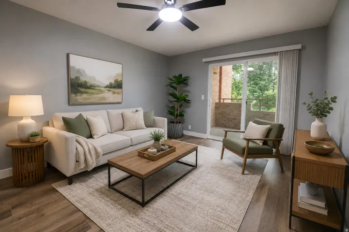 Living area featuring wood-finish flooring, a contemporary ceiling fan with integrated lighting, a sliding glass door with balcony access, and light gray wall paint