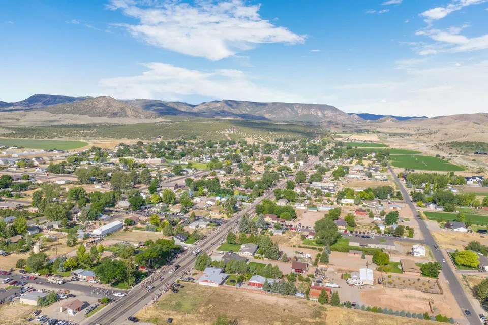 Aerial perspective showcasing a residential area with varied rooflines and surrounding green spaces