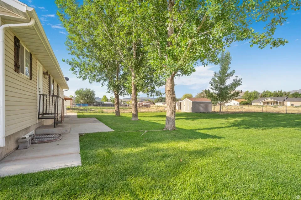 Spacious green lawn featuring mature trees and a detached storage shed