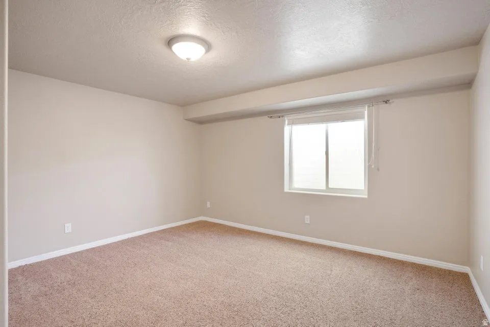 Neutral-toned wall paint and textured carpeting define this room, featuring a window with blinds and a flush-mount ceiling light fixture