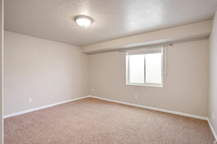 Neutral-toned wall paint and textured carpeting define this room, featuring a window with blinds and a flush-mount ceiling light fixture