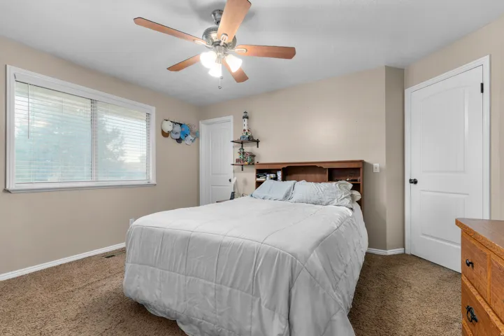 Carpeted bedroom with a ceiling fan, a single window featuring horizontal blinds, and a white paneled door