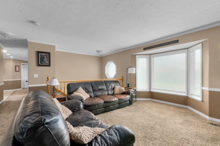 Spacious room featuring a prominent bay window with white blinds, neutral carpeting, and a light-colored two-tone wall treatment