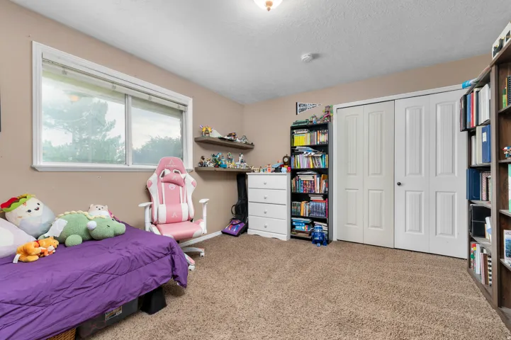 Carpeted room featuring a double-pane window with white trim, built-in shelving, and bi-fold closet doors