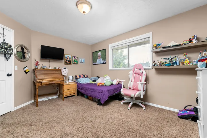Carpeted room featuring a ceiling light fixture, a window with exterior visibility, and two wall-mounted shelves