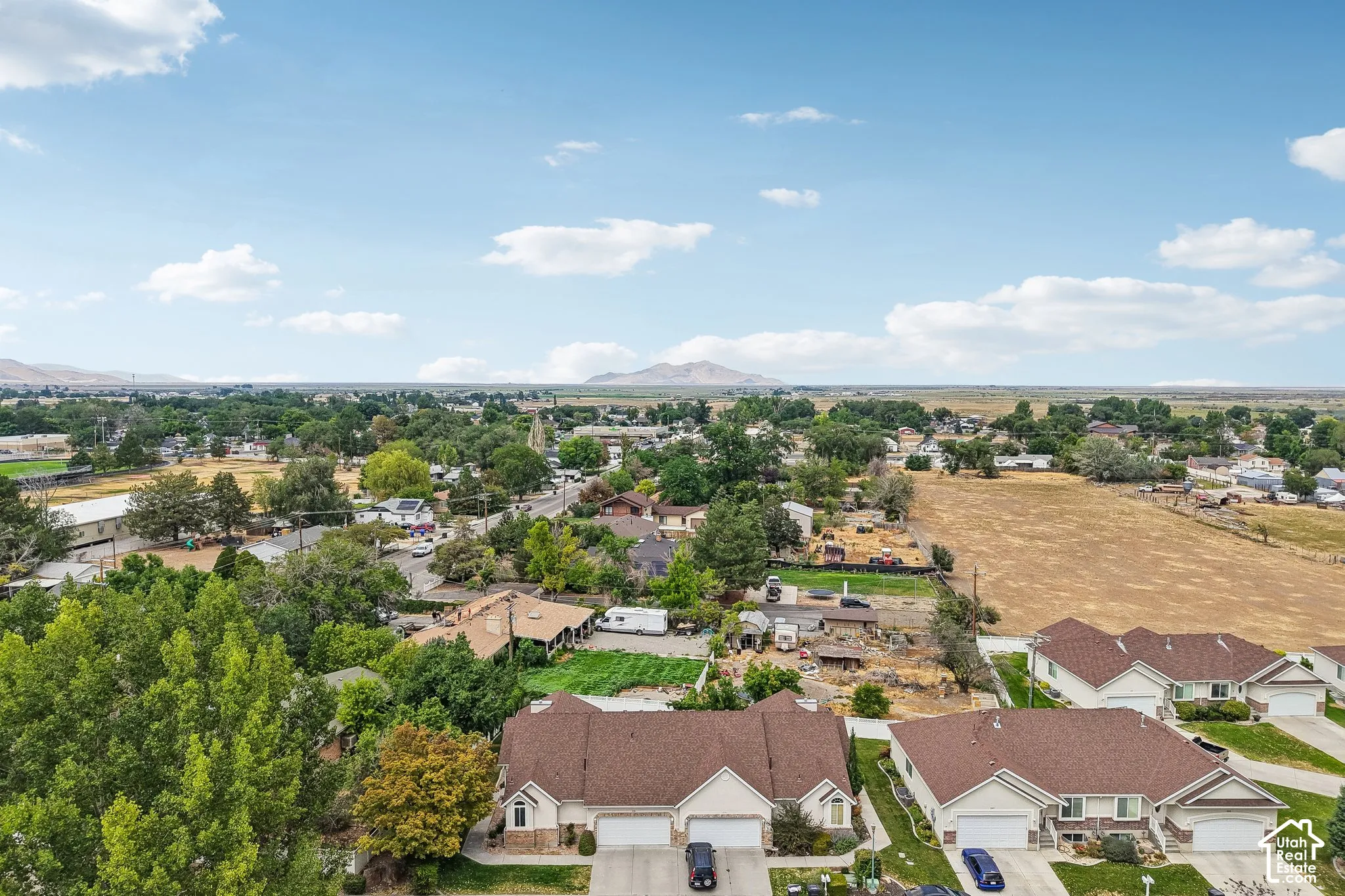 Aerial perspective showcasing residential properties and distant mountain ranges