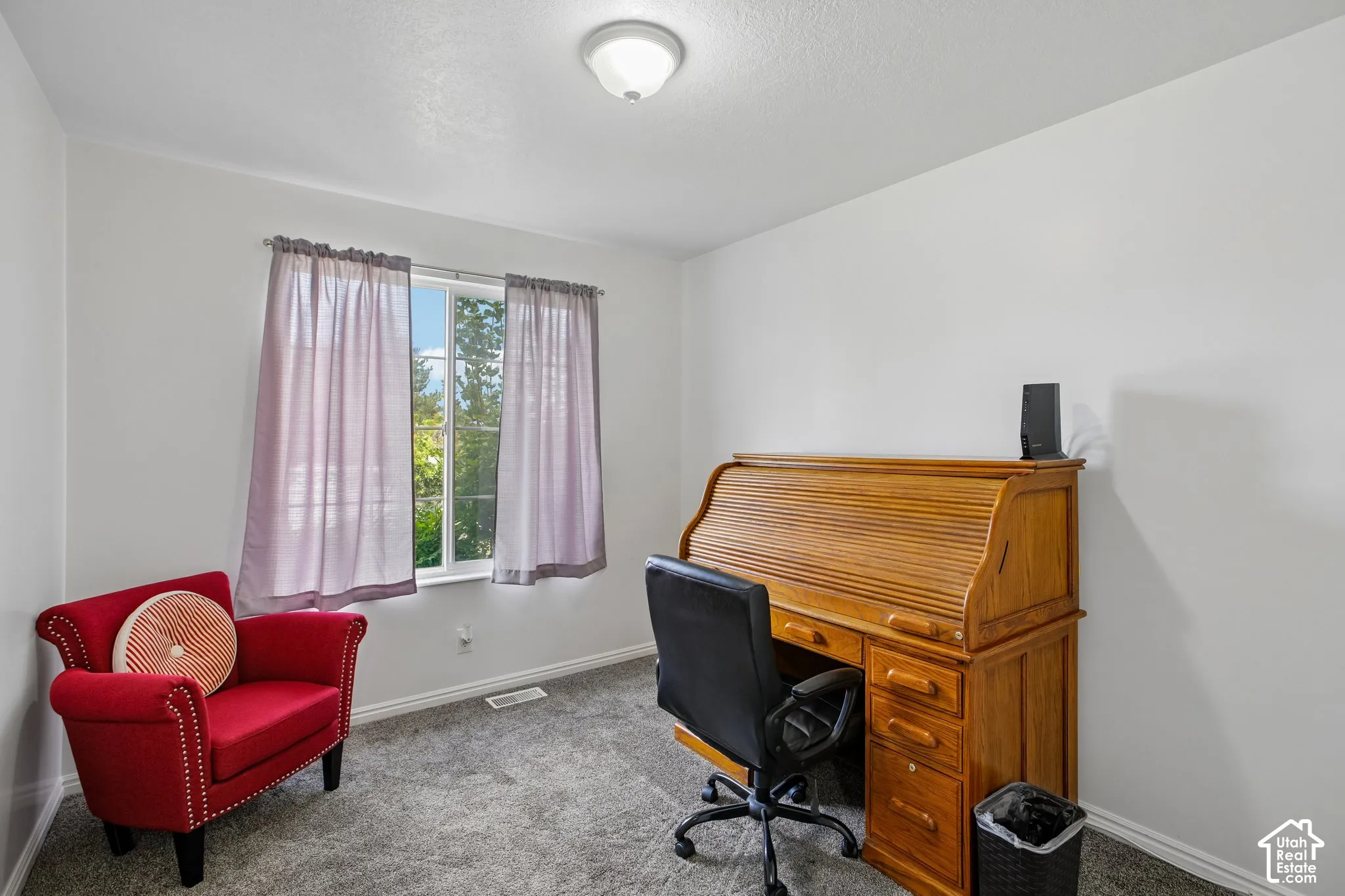 Room featuring light gray carpeting, neutral wall finishes, and a single window with sheers