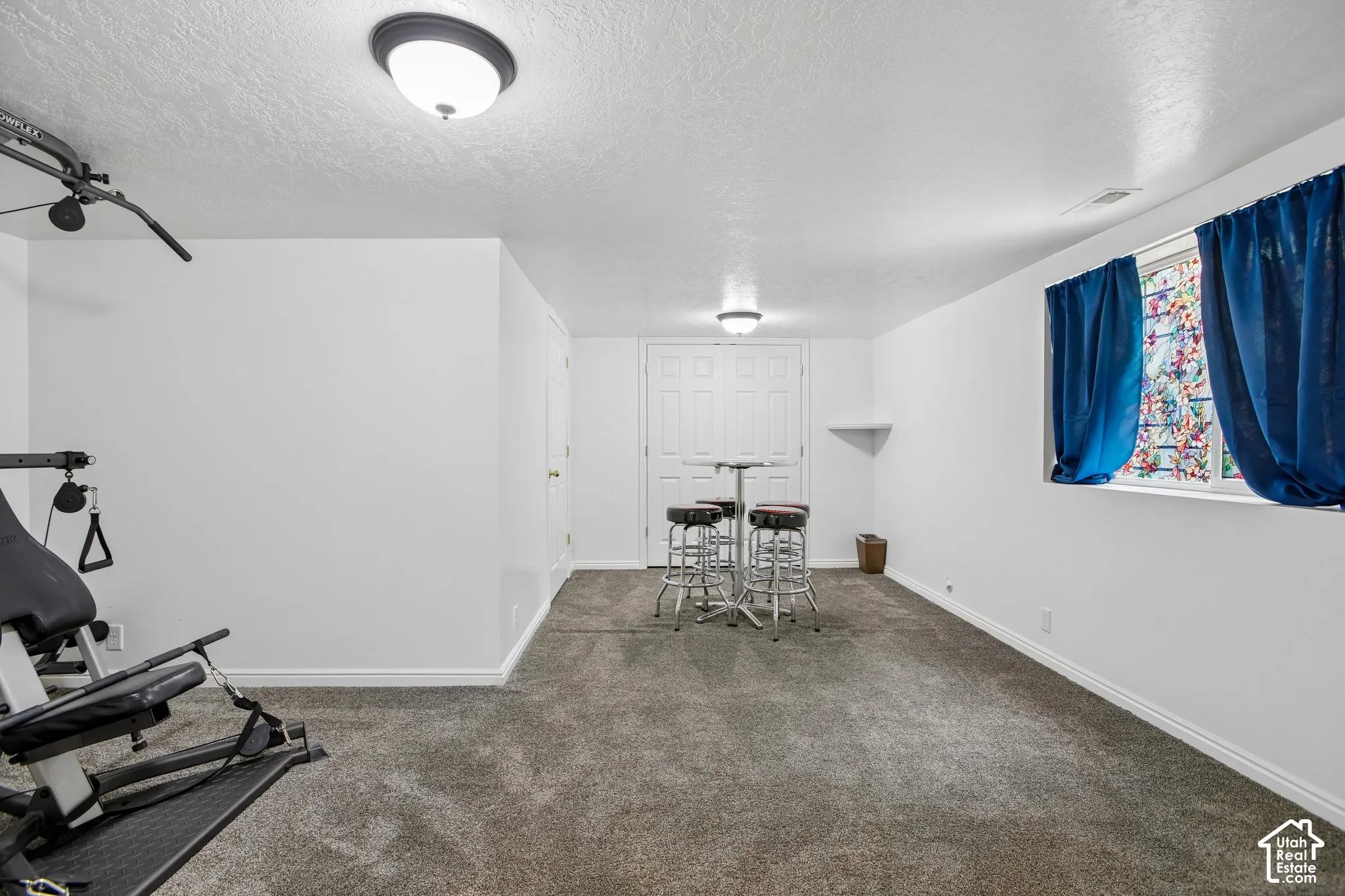 Carpeted room featuring white walls, white baseboards, a window with a white frame, and a flush mount ceiling light fixture