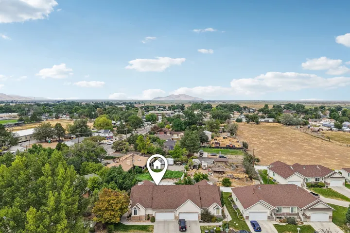 Aerial perspective showcasing a residential community with mature trees and mountain ranges in the distance