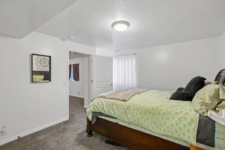 Carpeted room with white walls, a flush-mount ceiling light fixture, and a window with white sheer curtains