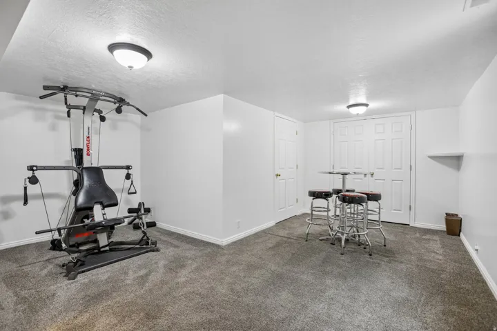 Versatile room featuring plush gray carpeting, crisp white walls, and bright ceiling-mounted light fixtures