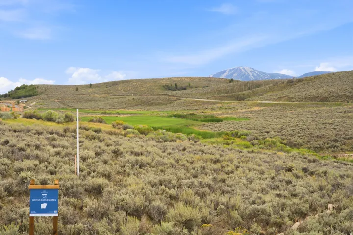 Expansive landscape featuring diverse vegetation, distant green fairways, and a prominent mountain range