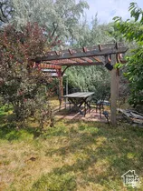 Wood pergola structure over a patio area