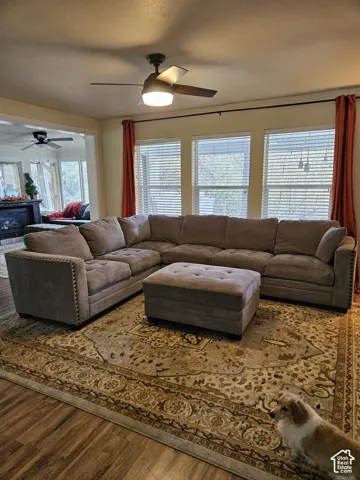Spacious living area featuring wood-finish flooring, a ceiling fan with integrated lighting, and multiple windows providing ample natural light