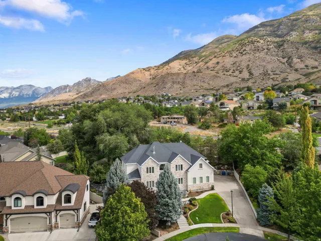 Drone view of Home.  Cul-de-sac in stunning Creekside at Aspen Grove with 4 acre park