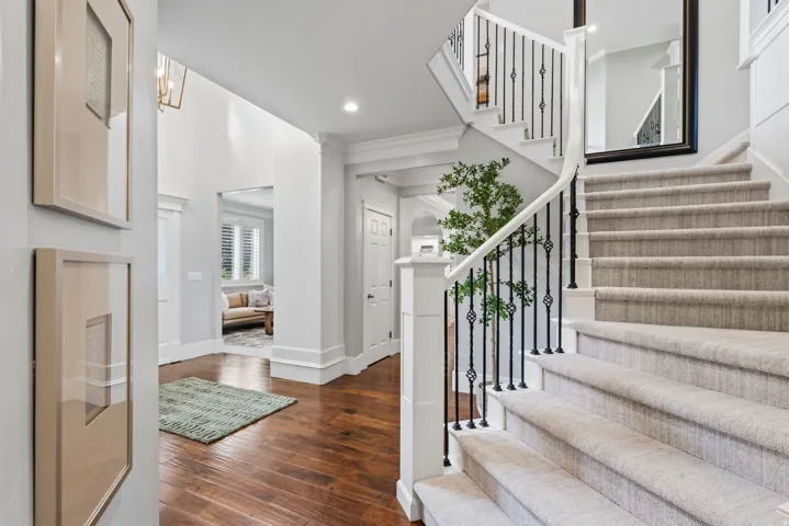 Grand entry foyer with wood-finish flooring and a curved staircase featuring carpeted treads