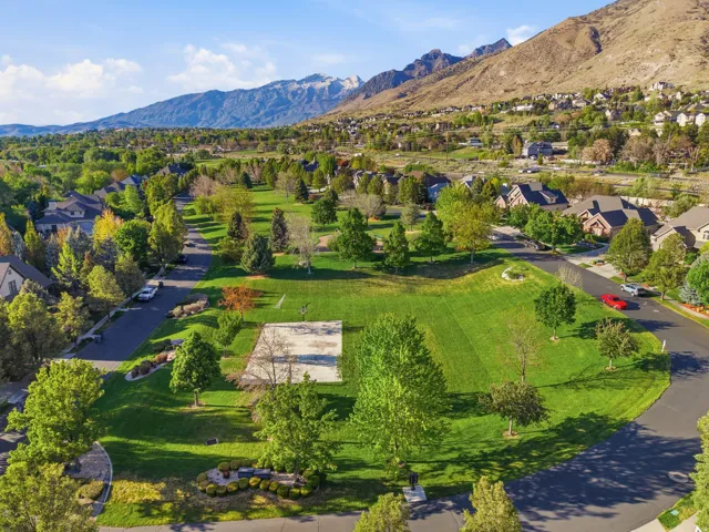 Expansive 4-Acre green space featuring mature trees, manicured lawns, playground and a hardscaped court