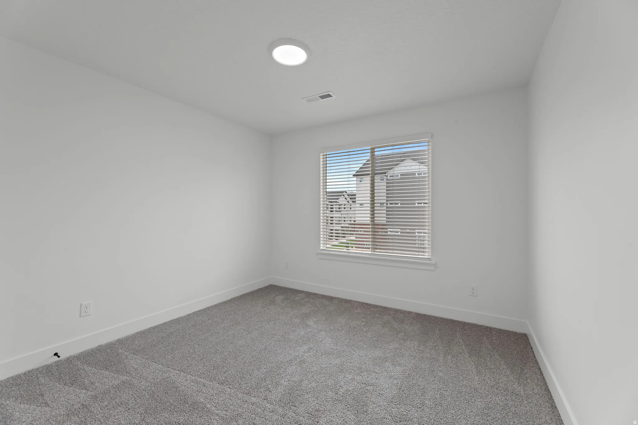 Carpeted interior room featuring a single window with blinds and a ceiling-mounted light fixture