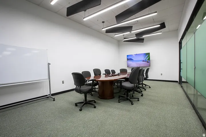 Conference room featuring a large mounted display, frosted glass wall, suspended acoustical panels, and linear pendant lighting