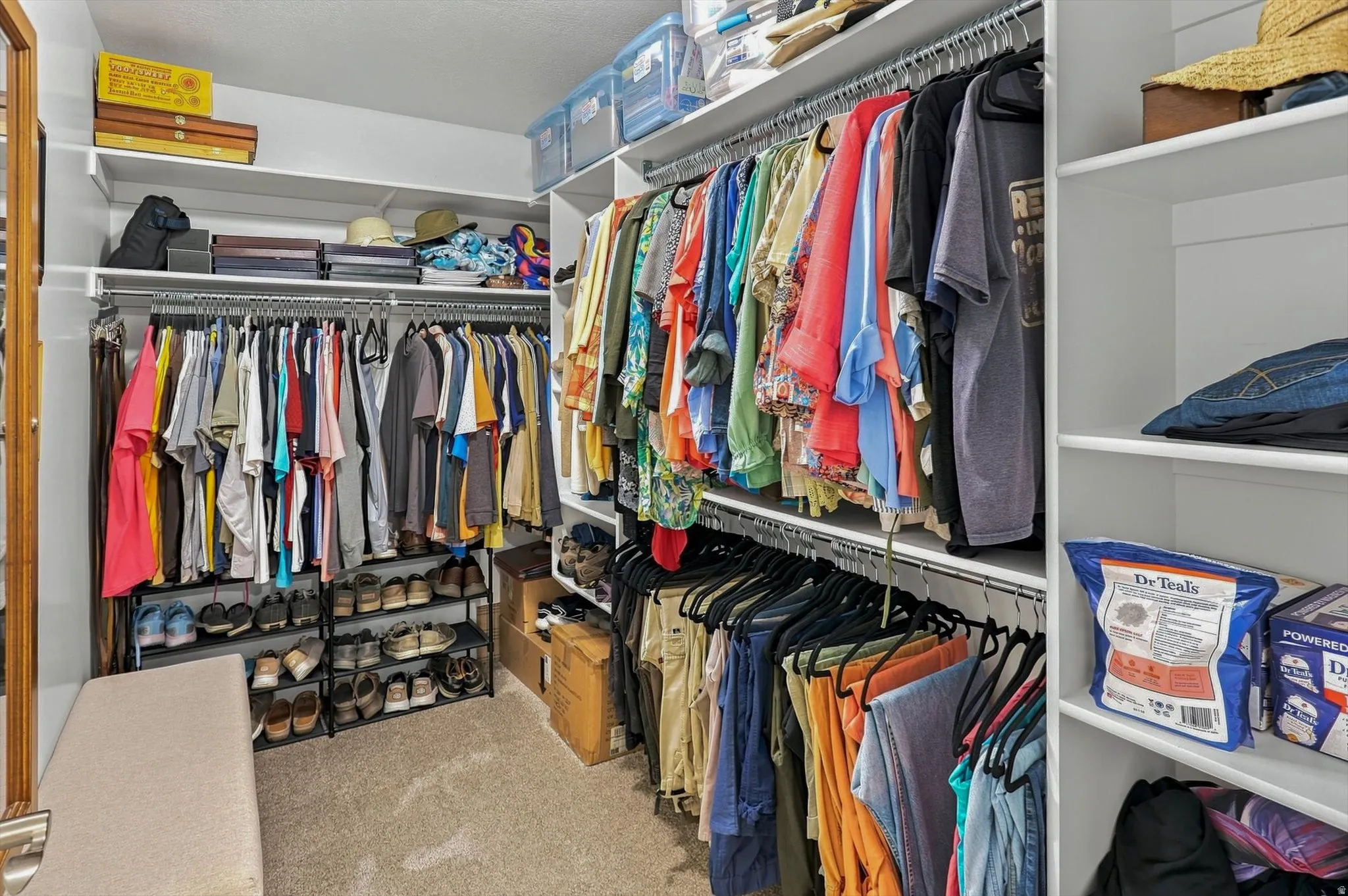 Expansive walk-in closet featuring custom shelving, multiple hanging rods, built-in organizers, and carpet flooring